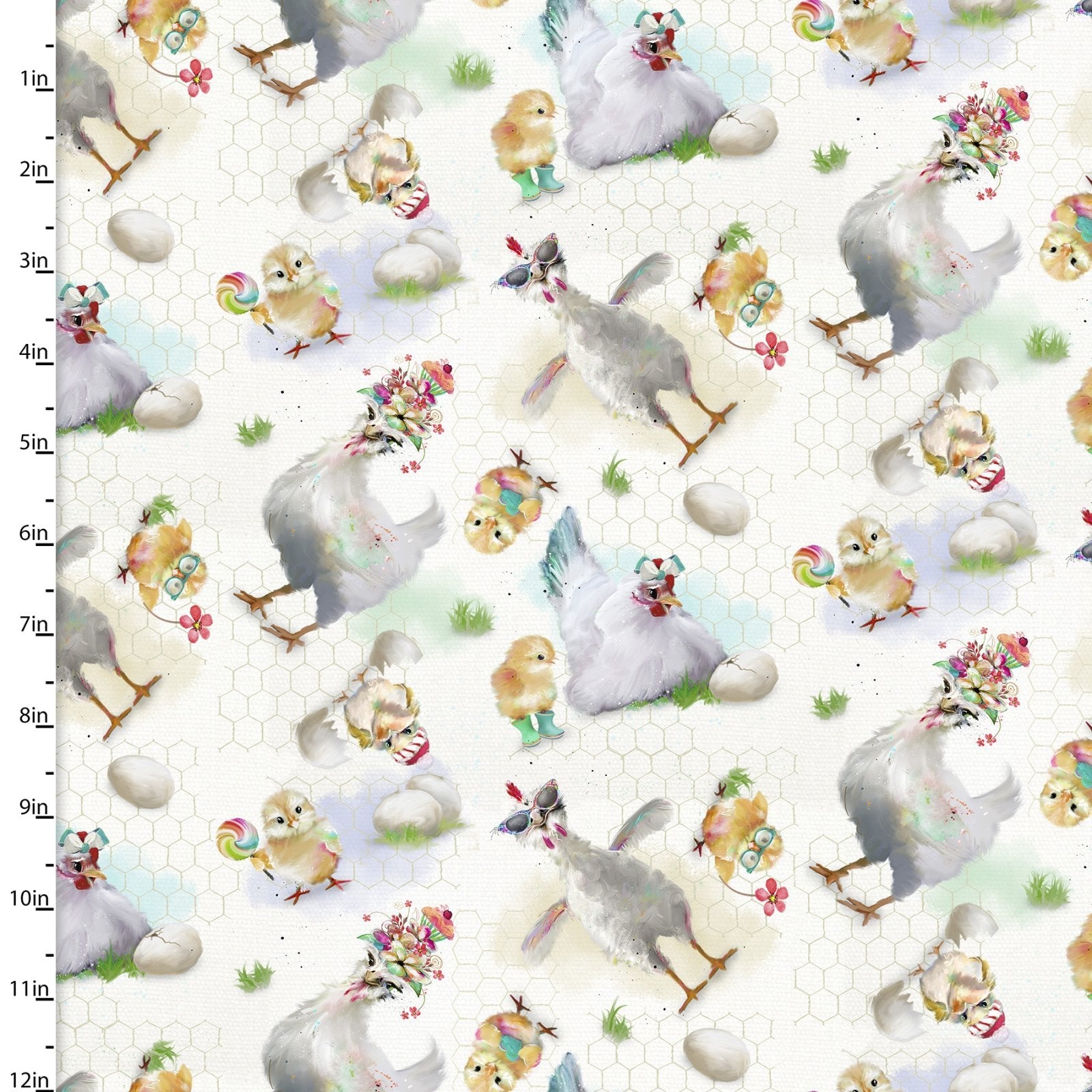 Chickens and chicks on white cotton fabric - 3 Wishes