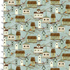 Various sized bird boxes and red robins on a duck egg blue cotton fabric. A Touch of Spring by 3 Wishes