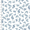 Blue butterflies and leaves on a white cotton fabric - Flower Junction by 3 Wishes