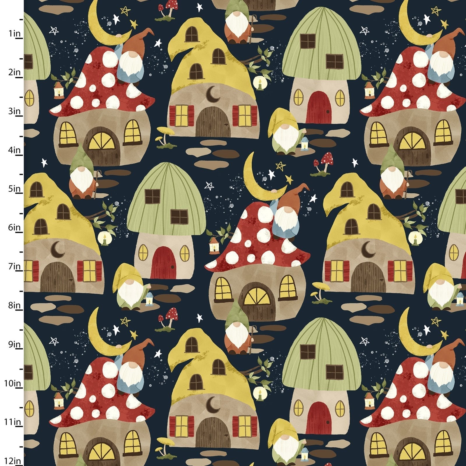 Gnomes and their homes on a navy cotton fabric - You Light my Way gnome by 3 Wishes