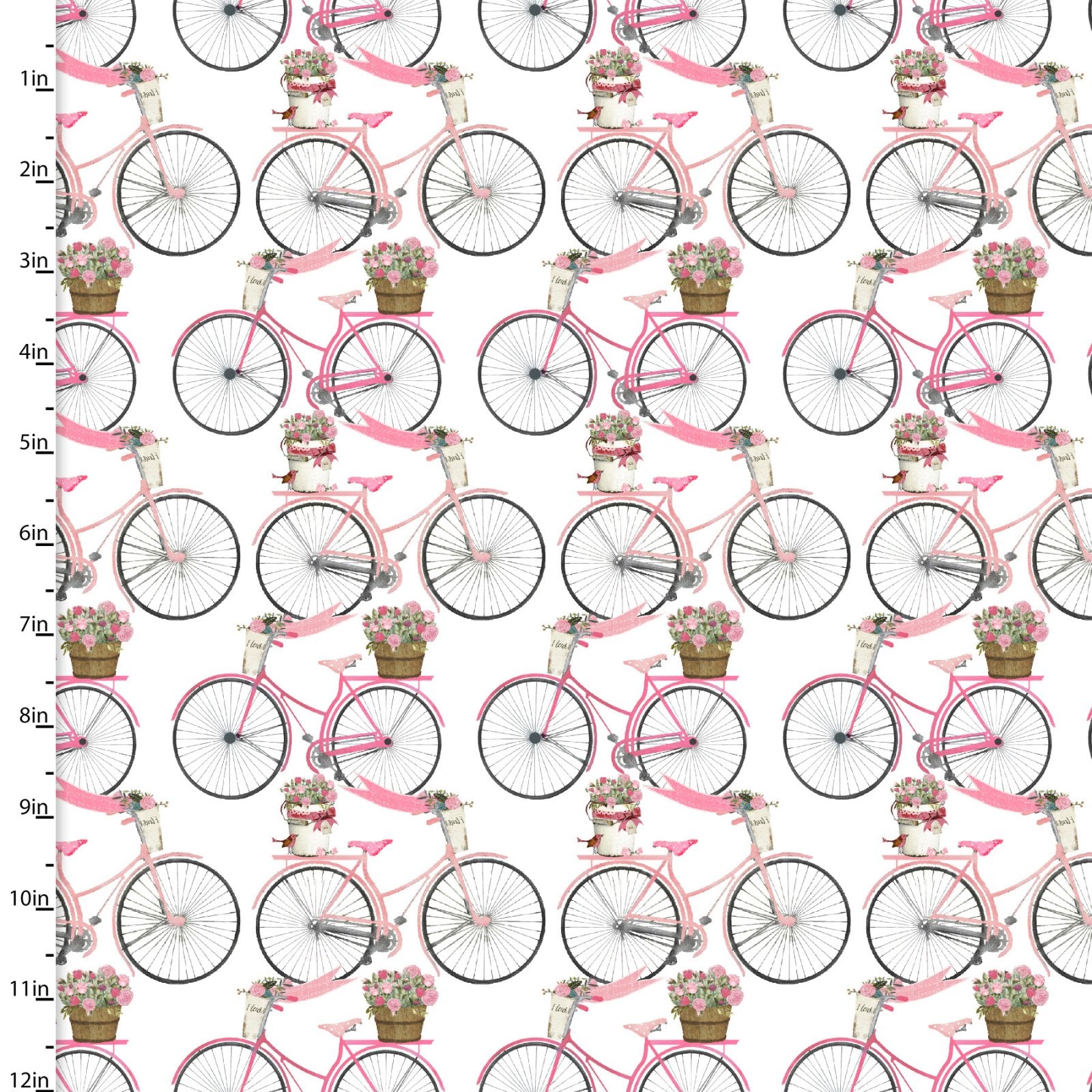 Vintage pink bicycles with flower baskets full of roses on white 100% cotton fabric. Hugs Kisses by 3 Wishes