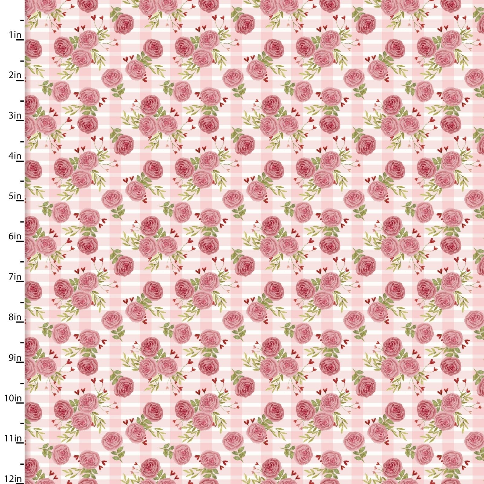 Pink and white gingham with deep pink roses and little red hearts growing out of the leaves 100% cotton fabric.