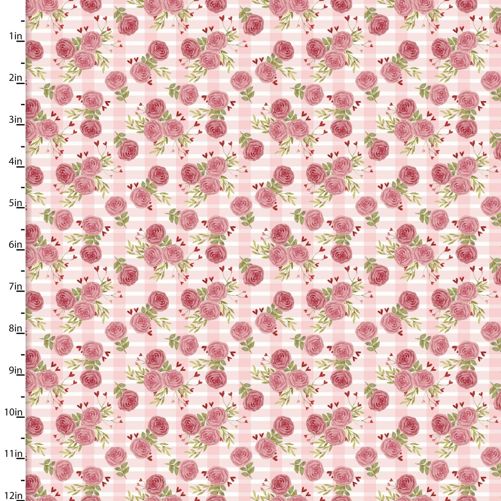 Pink and white gingham with deep pink roses and little red hearts growing out of the leaves 100% cotton fabric - Hugs Kisses by 3 Wishes