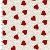 Large red love hearts on light cream with old English calligraphy cotton fabric.