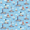 Load image into Gallery viewer, Seaside beach huts and lighthouses on red cotton fabric- Nautical by Makower