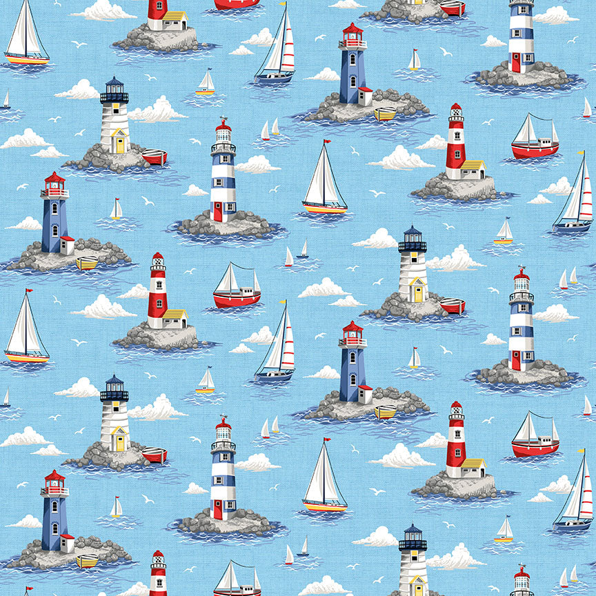 Lighthouses, sailing ships and clouds on light blue cotton fabric- Nautical by Makower