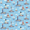Load image into Gallery viewer, Lighthouses, sailing ships and clouds on light blue cotton fabric- Nautical by Makower