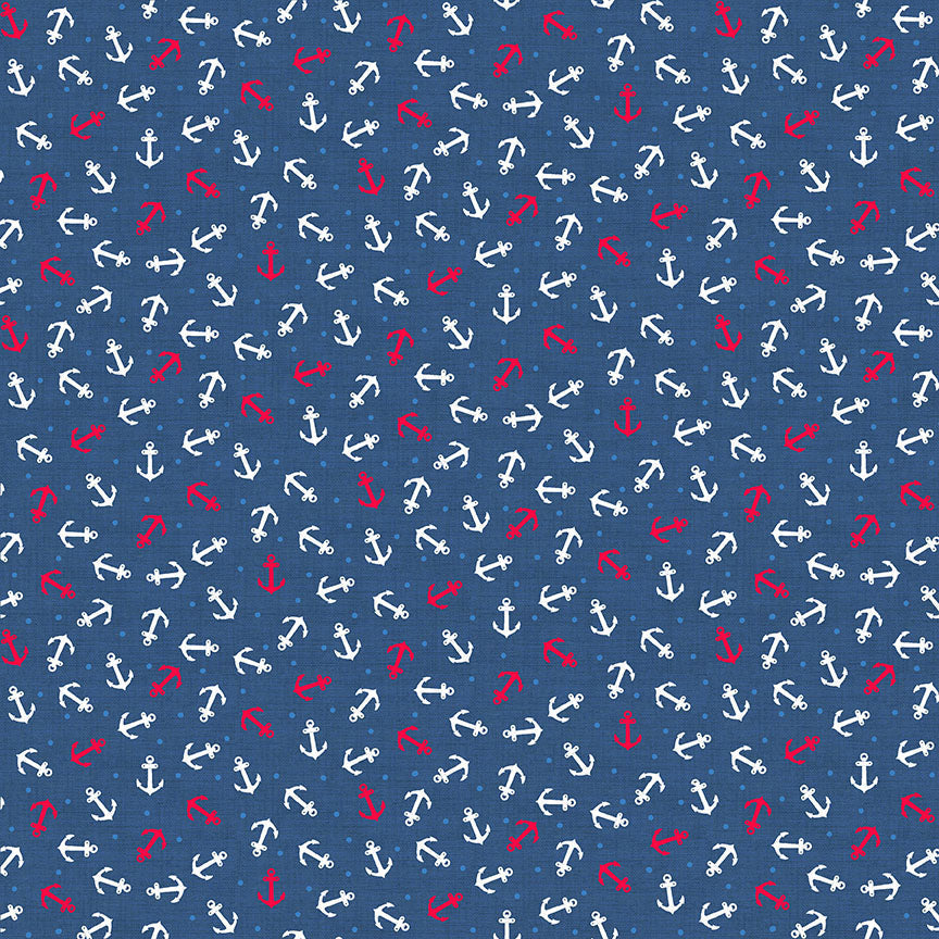 Little red and white anchors on dark blue cotton fabric - Nautical by Makower