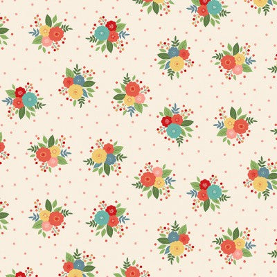 Flowers on Navy Blue polka dots cotton fabric - 'Amelia' Makower