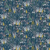 yellow and white wild flowers on a navy blue cotton fabric - Heather and Sage by Makower
