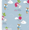 Peter rabbit with a beetroot balloon and a full tummy on blue cotton fabric - CraftCottonCo