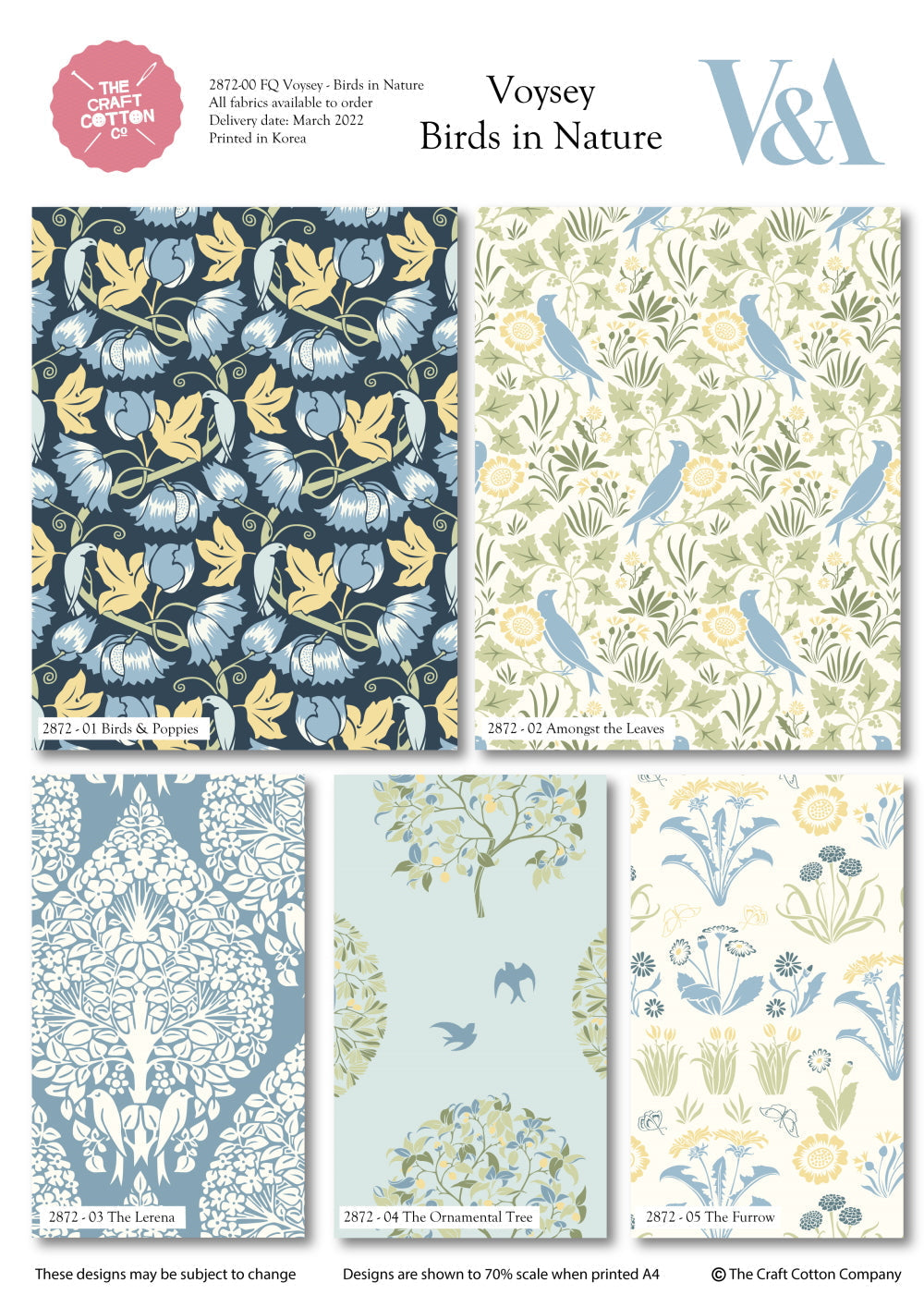 White birds and trees 'The Lerena' on light blue 100% cotton fabric - Voysey Birds in Nature