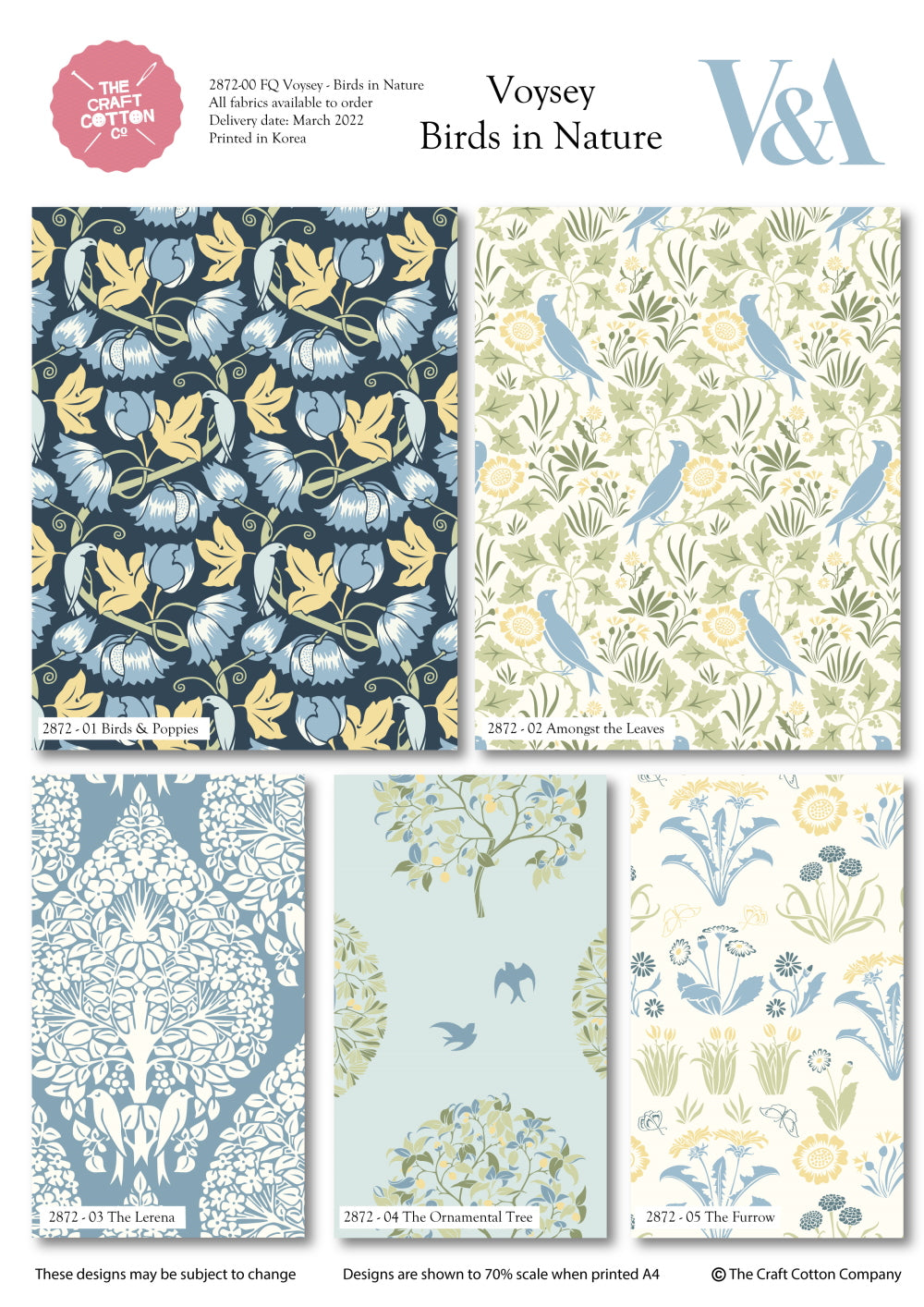 Blue birds and poppies on navy 100% cotton fabric - Voysey Birds in Nature