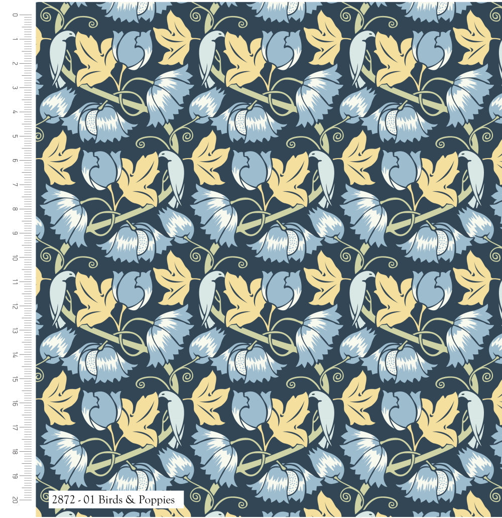 Blue birds and poppies on navy 100% cotton fabric - Voysey Birds in Nature