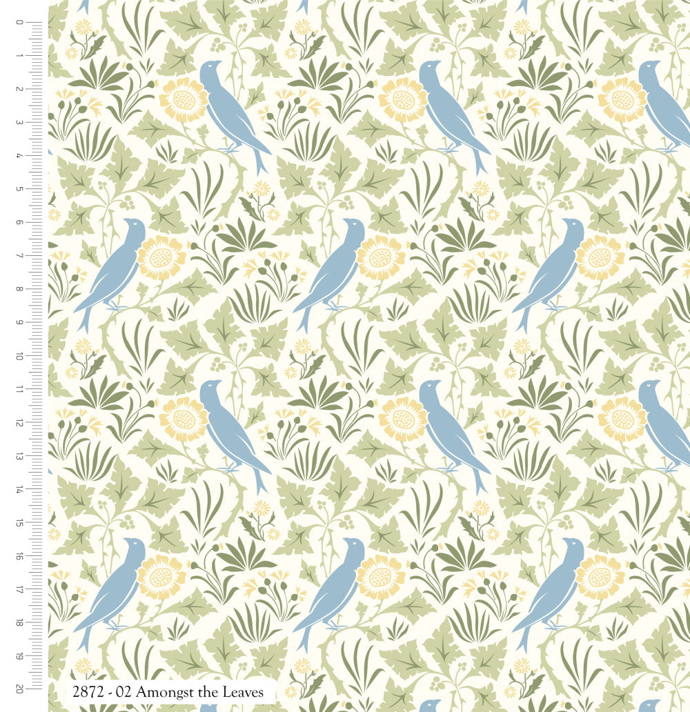 Blue birds and poppies on navy 100% cotton fabric - Voysey Birds in Nature