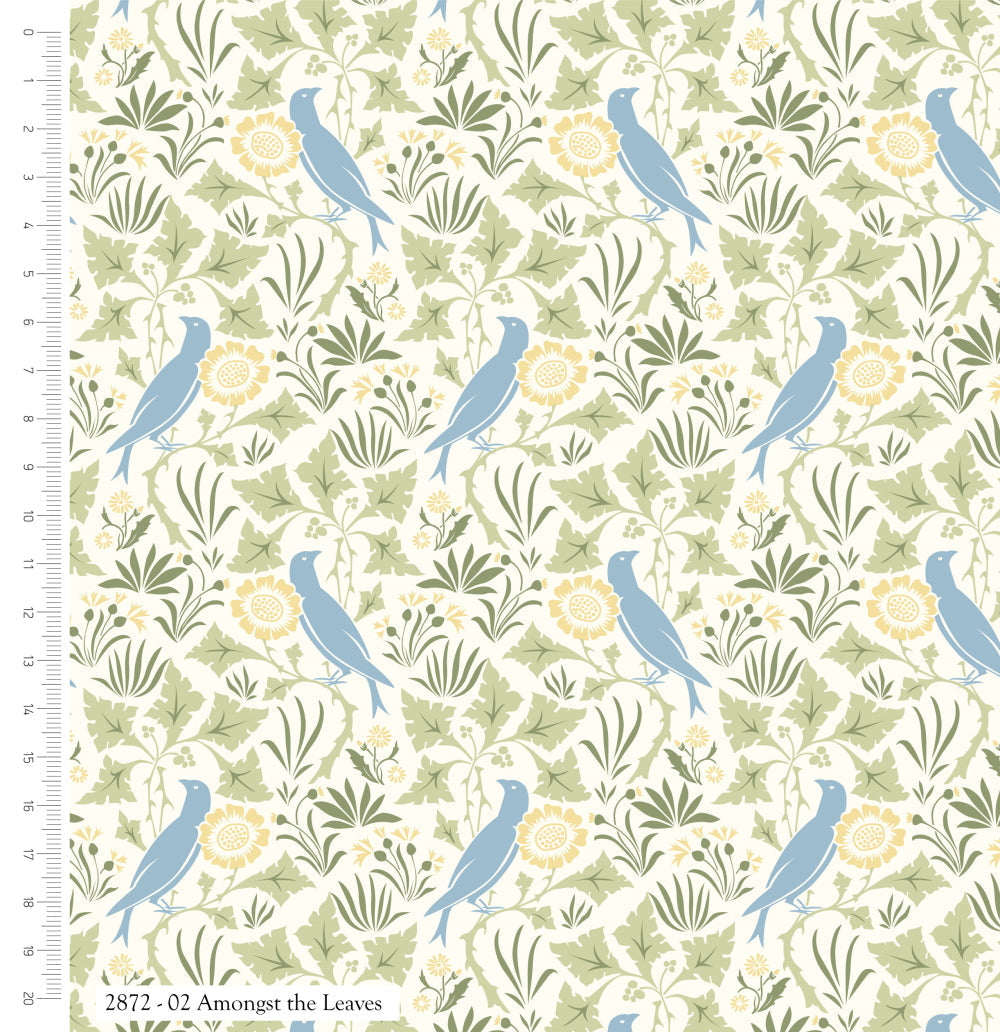 White birds and trees 'The Lerena' on light blue 100% cotton fabric - Voysey Birds in Nature