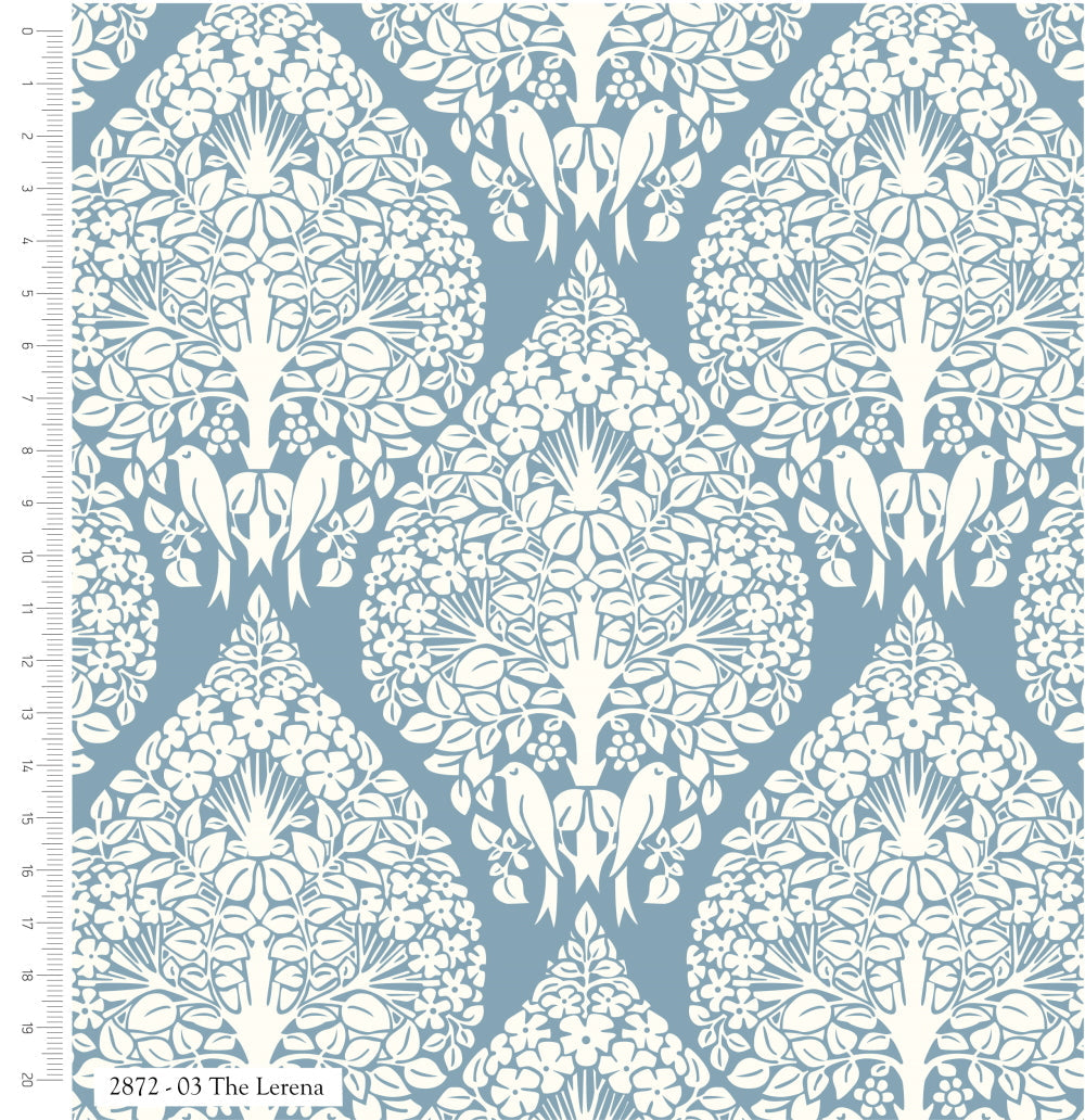 White birds and trees on blue cotton fabric - Voysey Birds in Nature