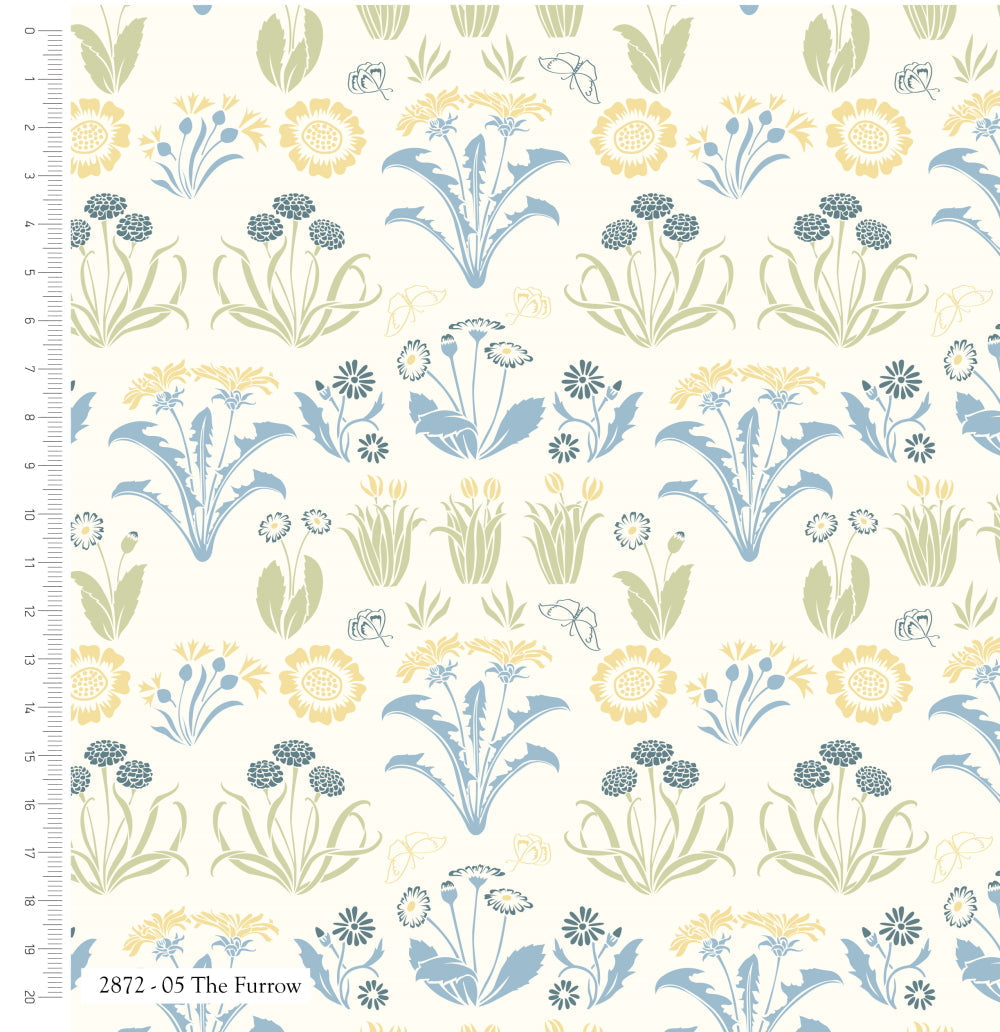 White birds and trees 'The Lerena' on light blue 100% cotton fabric - Voysey Birds in Nature