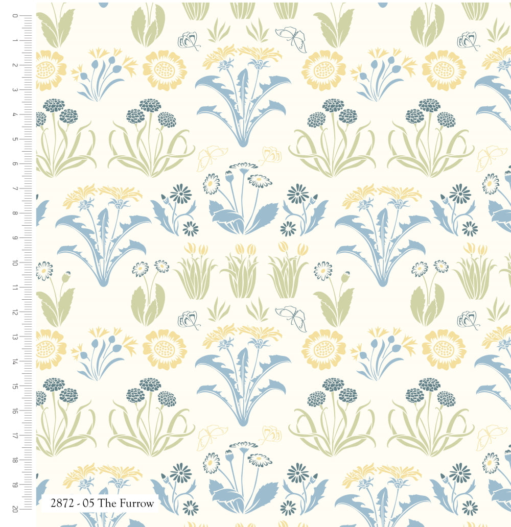 Blue birds and poppies on navy 100% cotton fabric - Voysey Birds in Nature