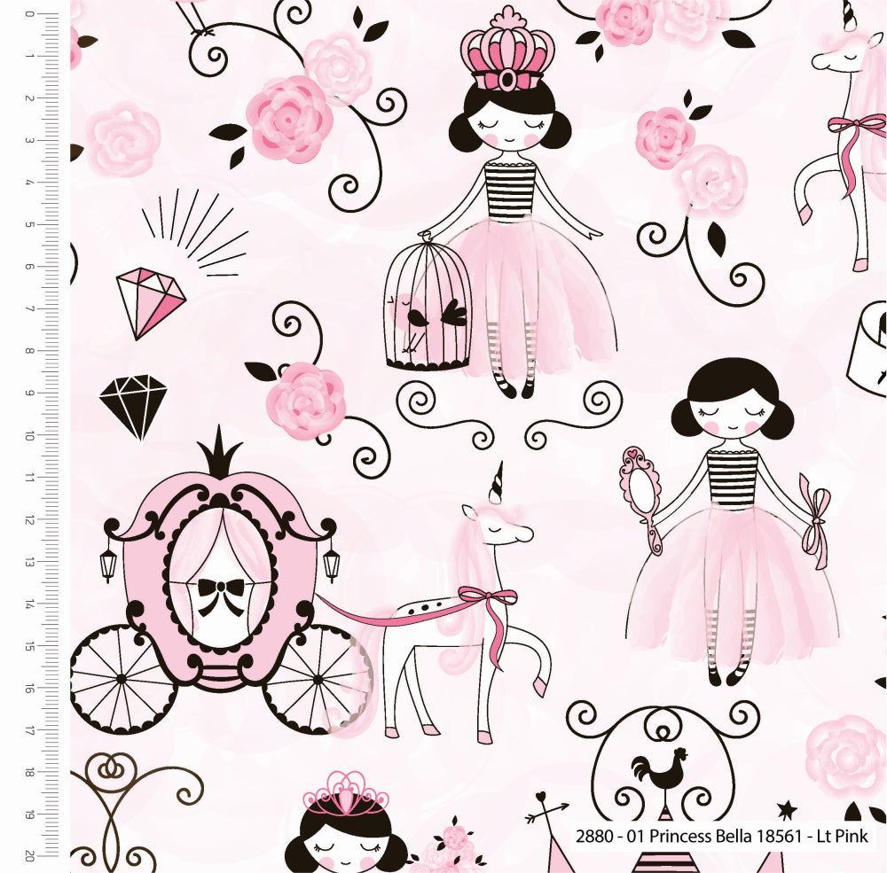 A princess and her carriage on a pink cotton fabric - Craft Cotton Co