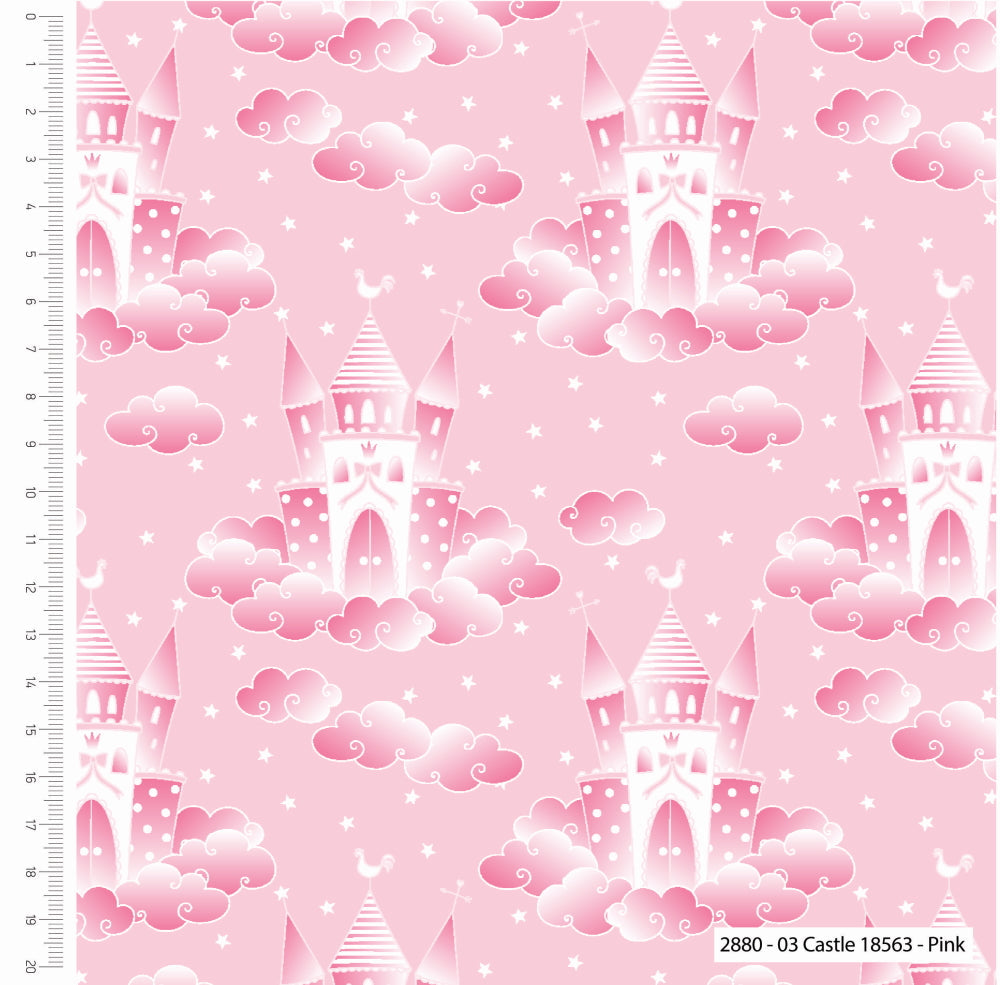 Princess castle in the clouds on a pink cotton fabric - Craft Cotton Co