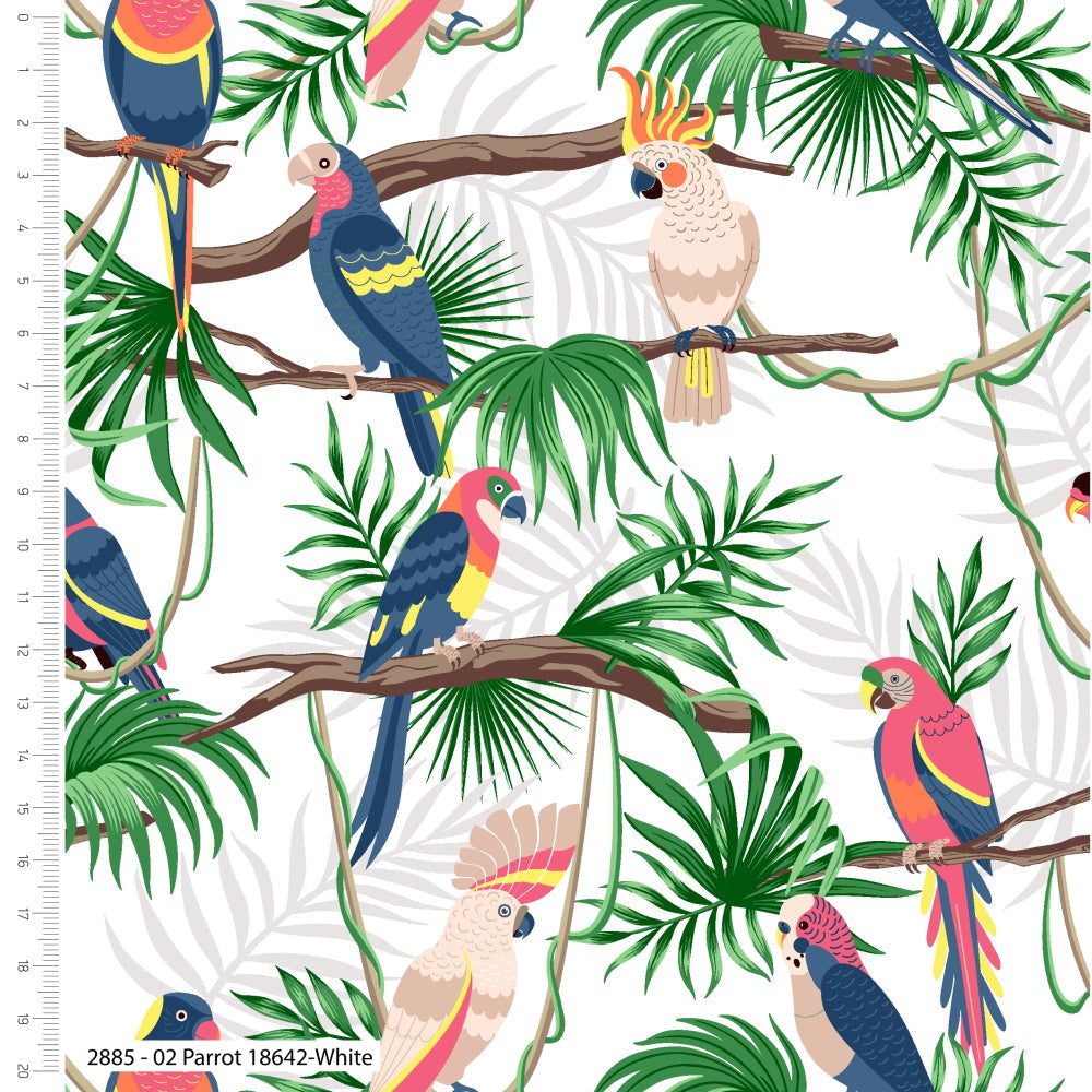 brightly coloured parrots on a white cotton fabric - Gone Wild by CraftCottonCo