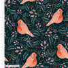 Robins in hedgerow on a black floral cotton fabric - Jolly Robins by Craft Cotton Co.