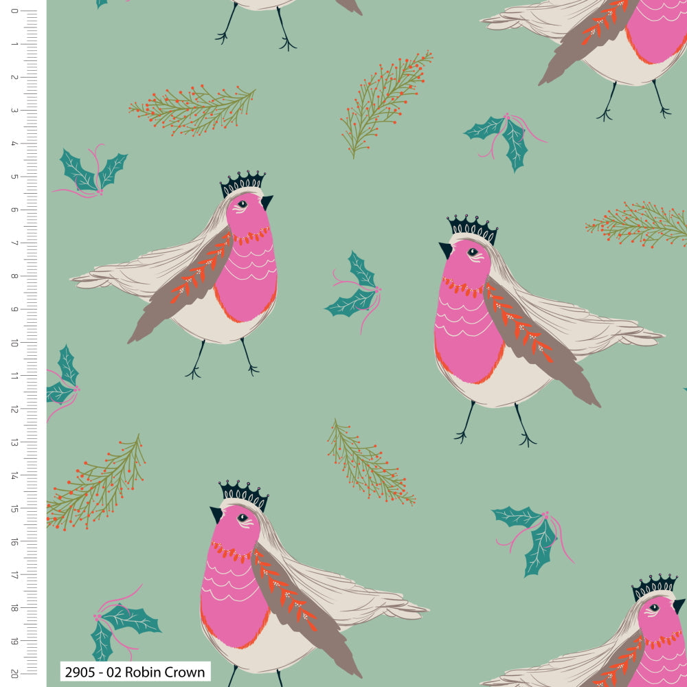 Pink robins with crown on a green cotton fabric - Jolly Robins by Craft Cotton Co.