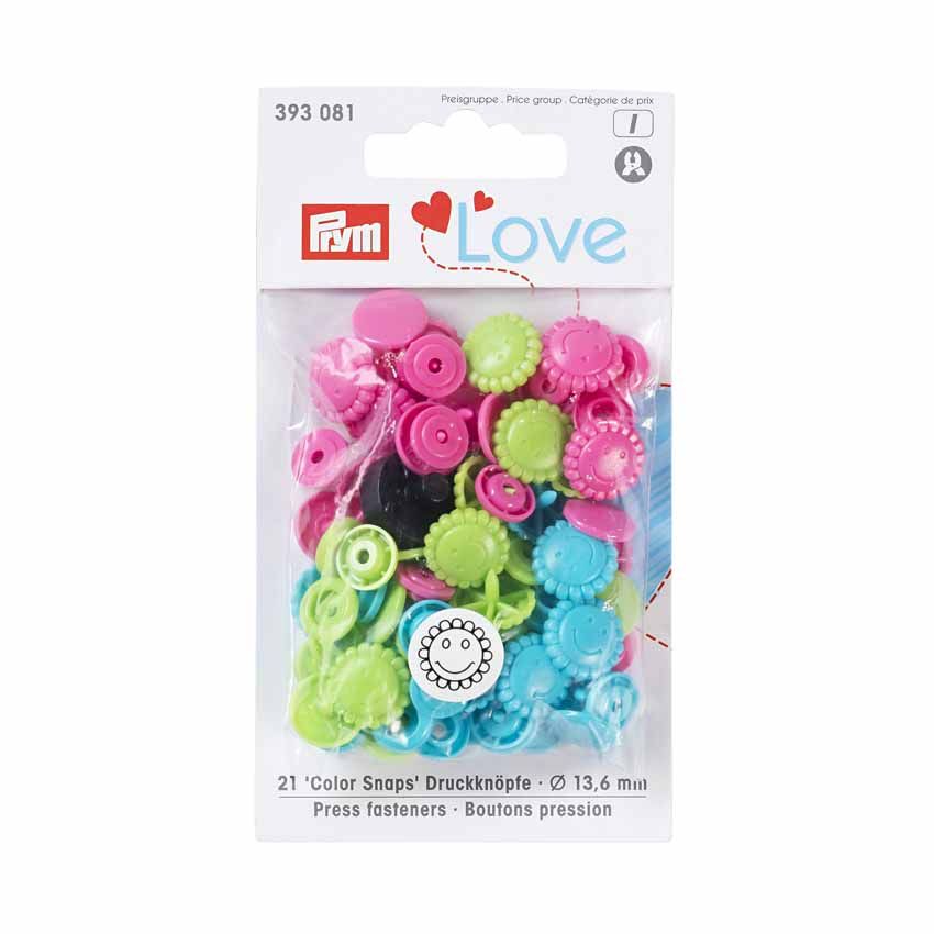Prym Love 30 daisy shaped snaps in pink, blue and green