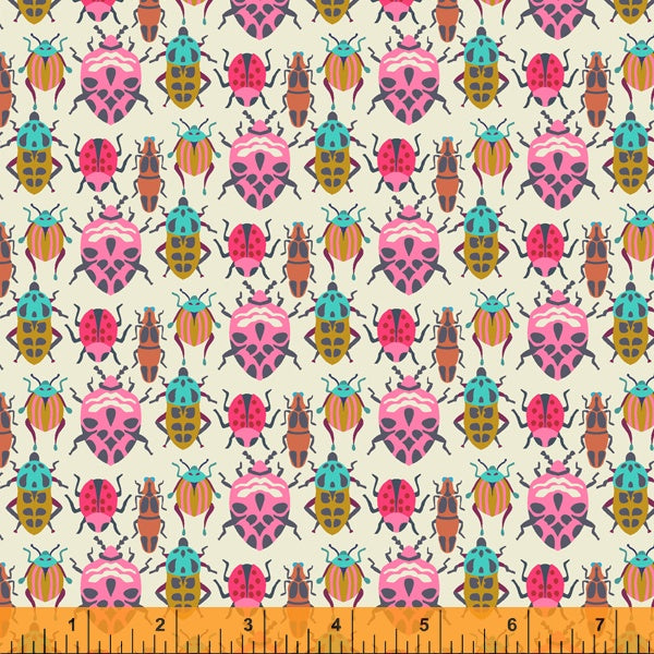 Pink and blue beetles on a cream cotton fabric - Eden by Windham Fabrics