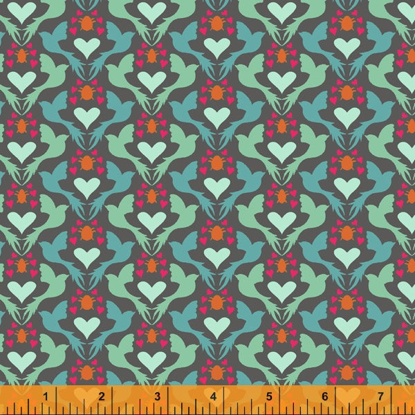 Turquoise birds on grey 100% cotton fabric - Eden by Windham Fabrics