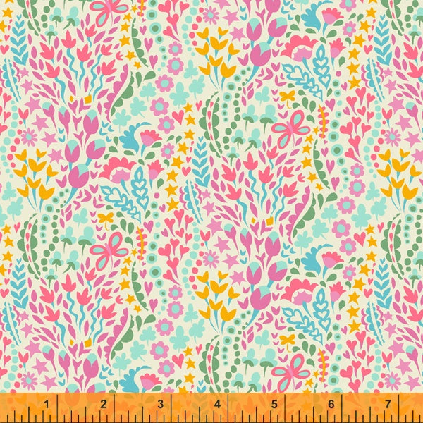 Pink, blue and yellow flowers with pink butterflies on a cream cotton fabric - Eden by Windham Fabrics