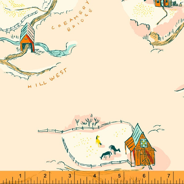 Map on palest peach cotton fabric - 'West Hill' Windham Fabrics
