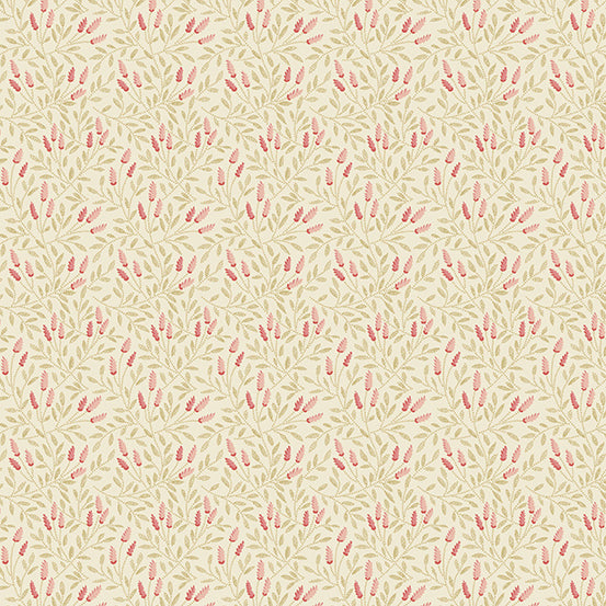 Pink birds on light cream cotton fabric - Strawberies and Cream by Laundry Basket Quilts