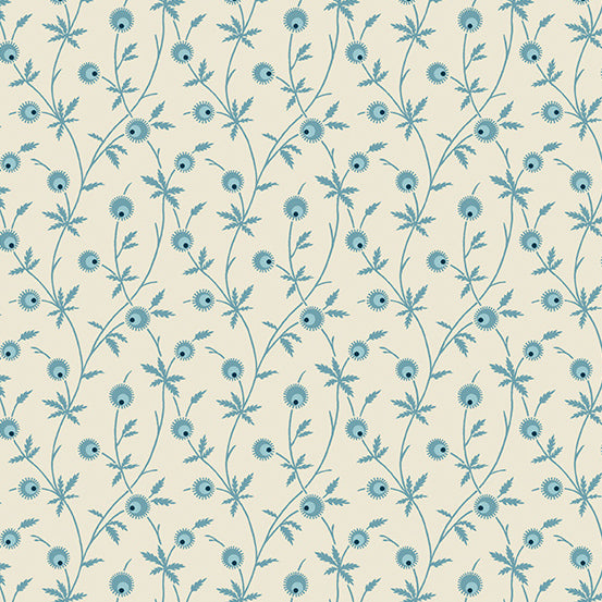 Blue floral roses on cream cotton fabric - Blue Escape by Laundry Basket Quilts