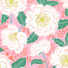 Large white flowers with green leaves on a pink cotton fabric - Flora and Fauna by Makower