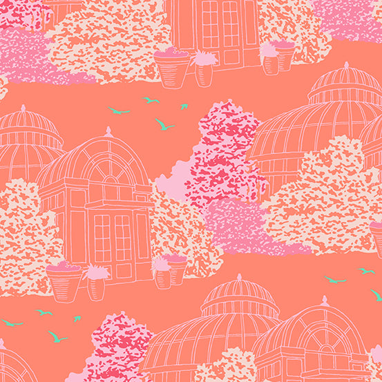 Country garden conservatory on an orange cotton fabric - Flora and Fauna by Makower