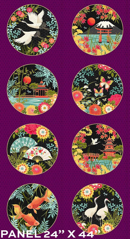 Japanese themed panel with 8 large circles with a variety of Japanese gardens, fish and cranes - Hikari by makower