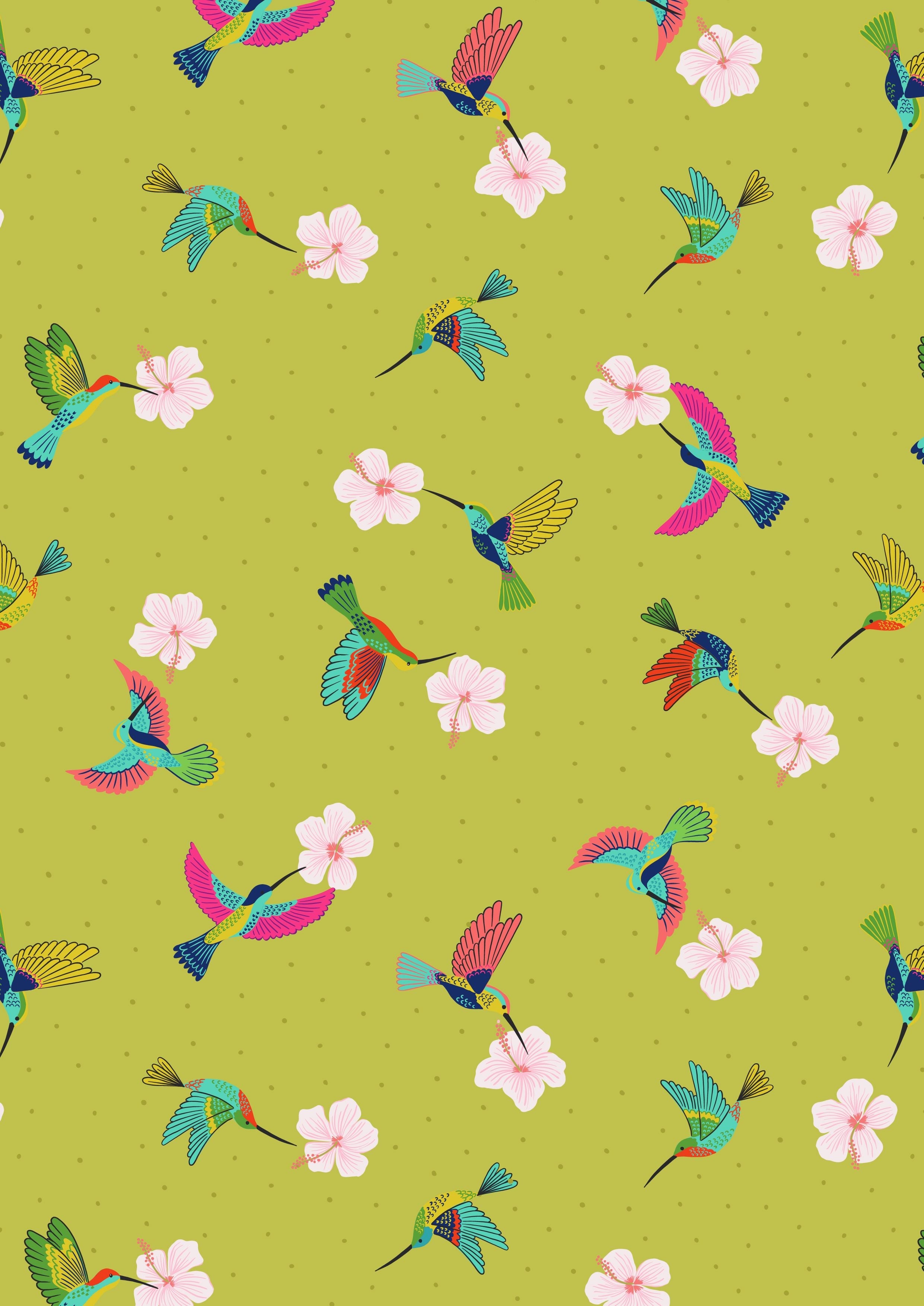 Daisies on coral fabric - 'Hibiscus Hummingbird' Lewis & Irene