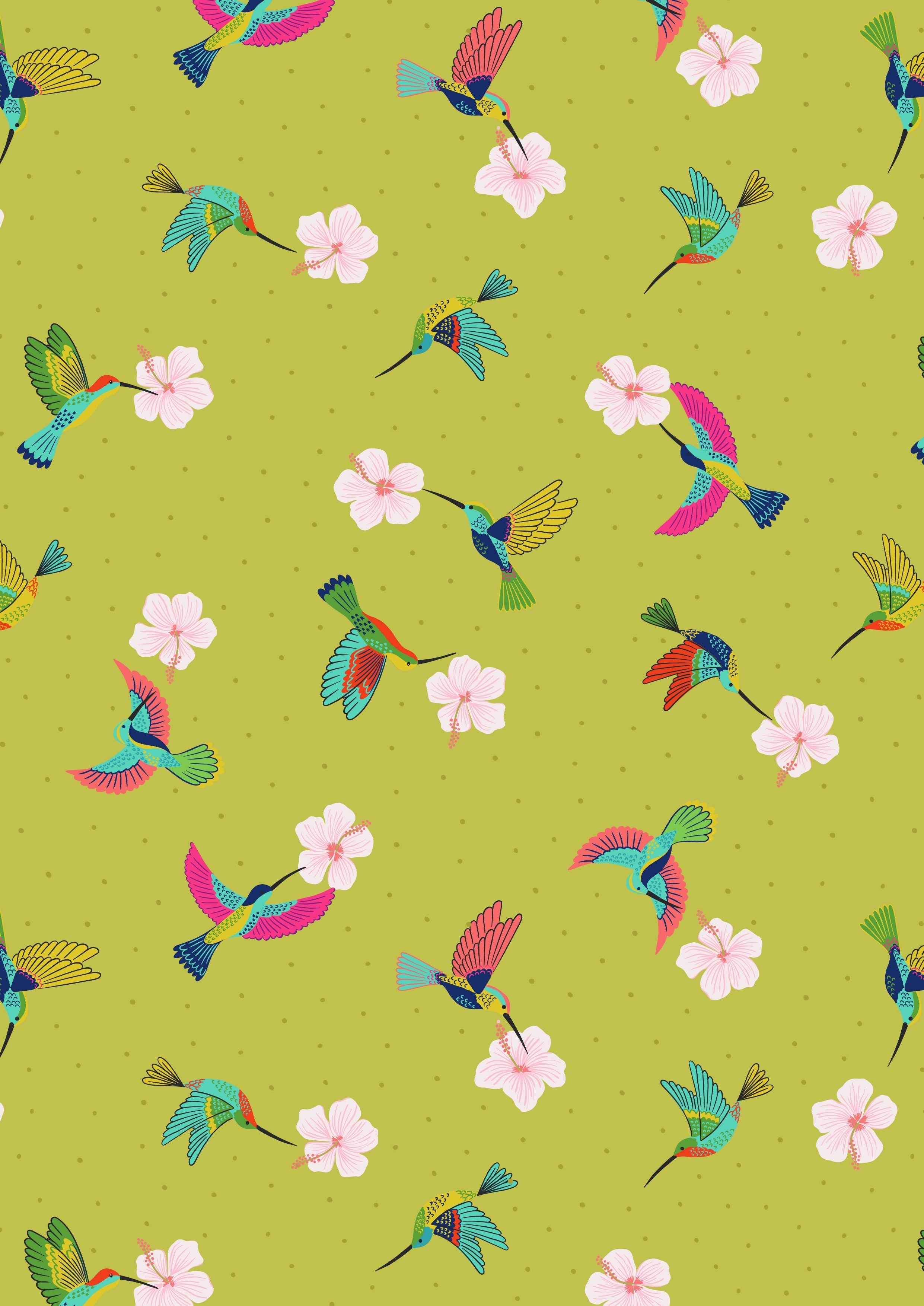 Daises on a cream cotton fabric 'Hibiscus Hummingbird'