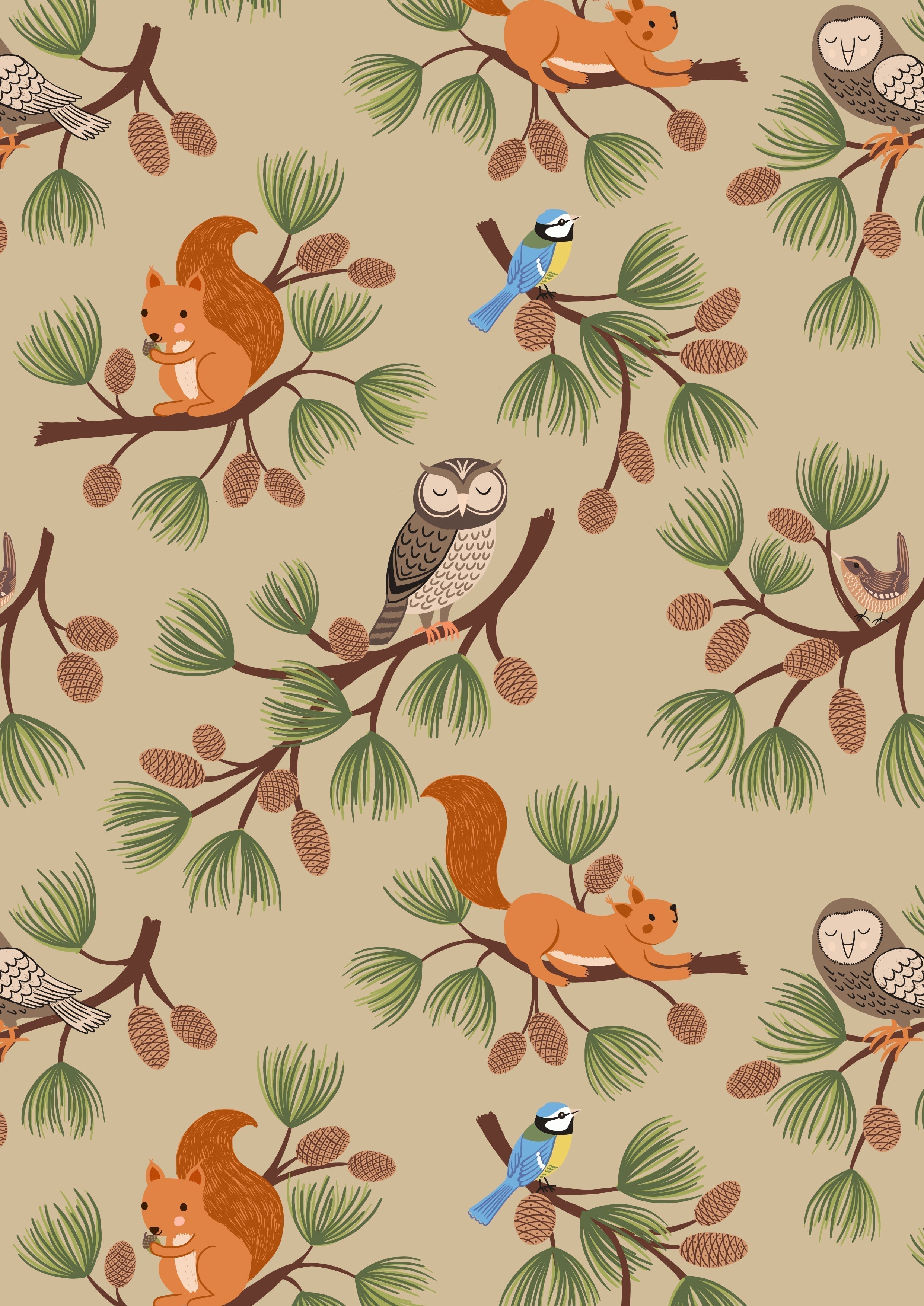 Toadstools on brown cotton fabric - Evergreen - Lewis & Irene