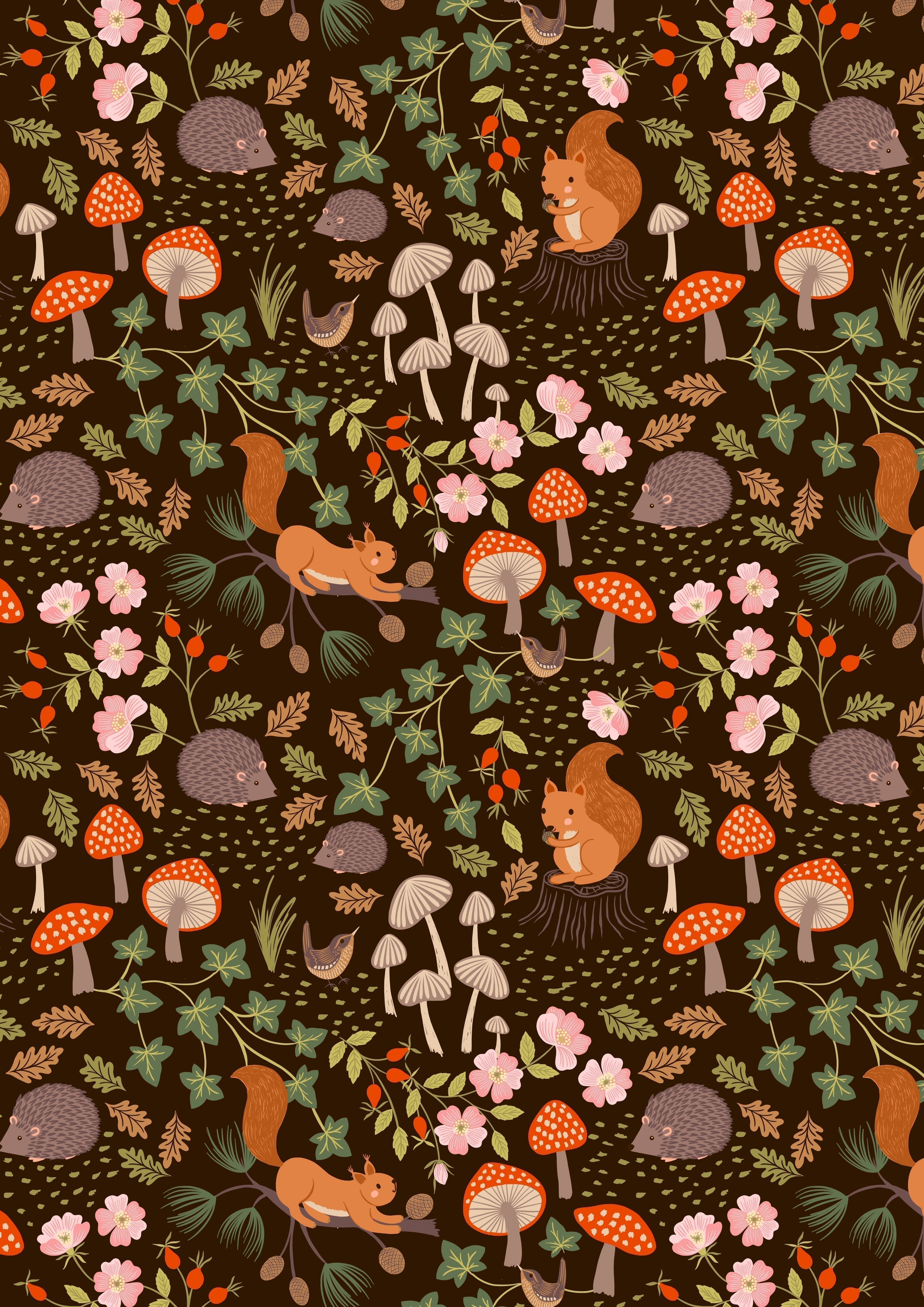 Toadstools on rust cotton fabric - Evergreen - Lewis & Irene