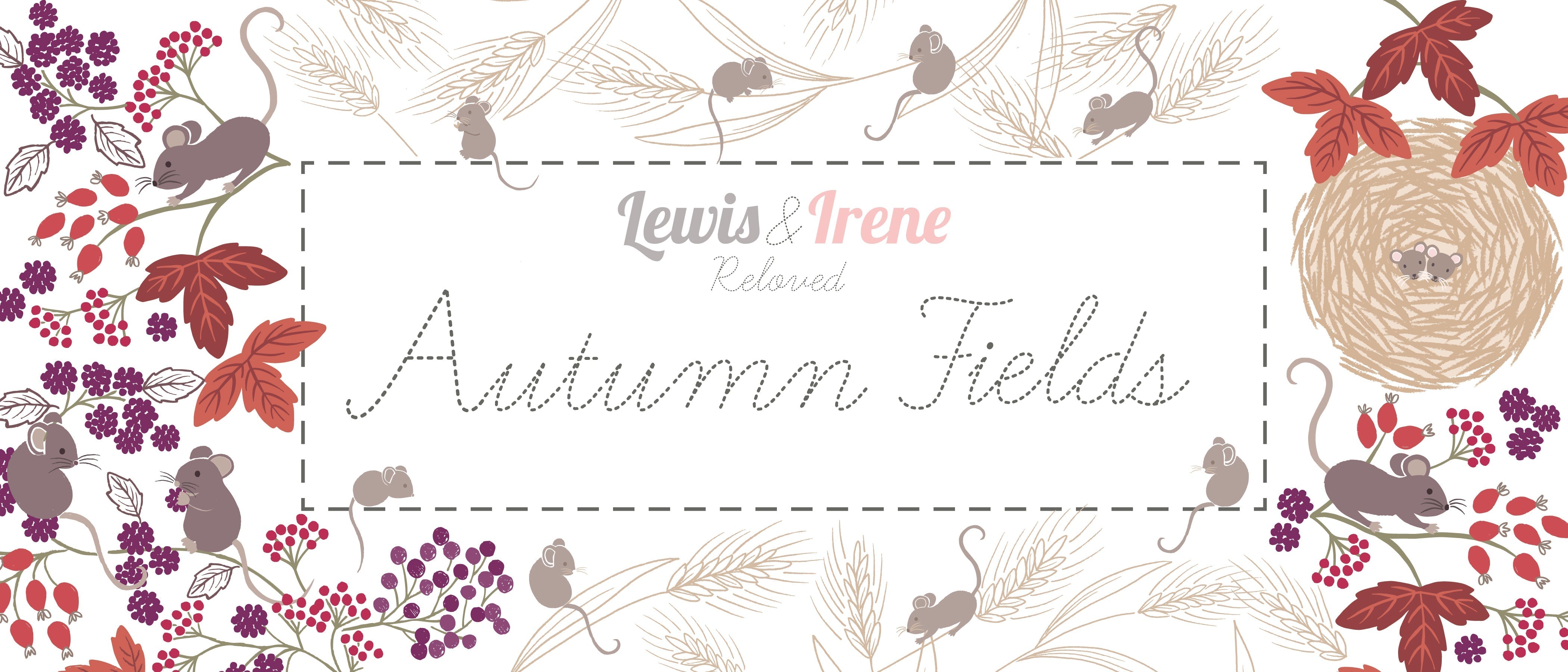Autumn harvest nests on grey cotton fabric - Autumn Fields Re-loved by Lewis and Irene