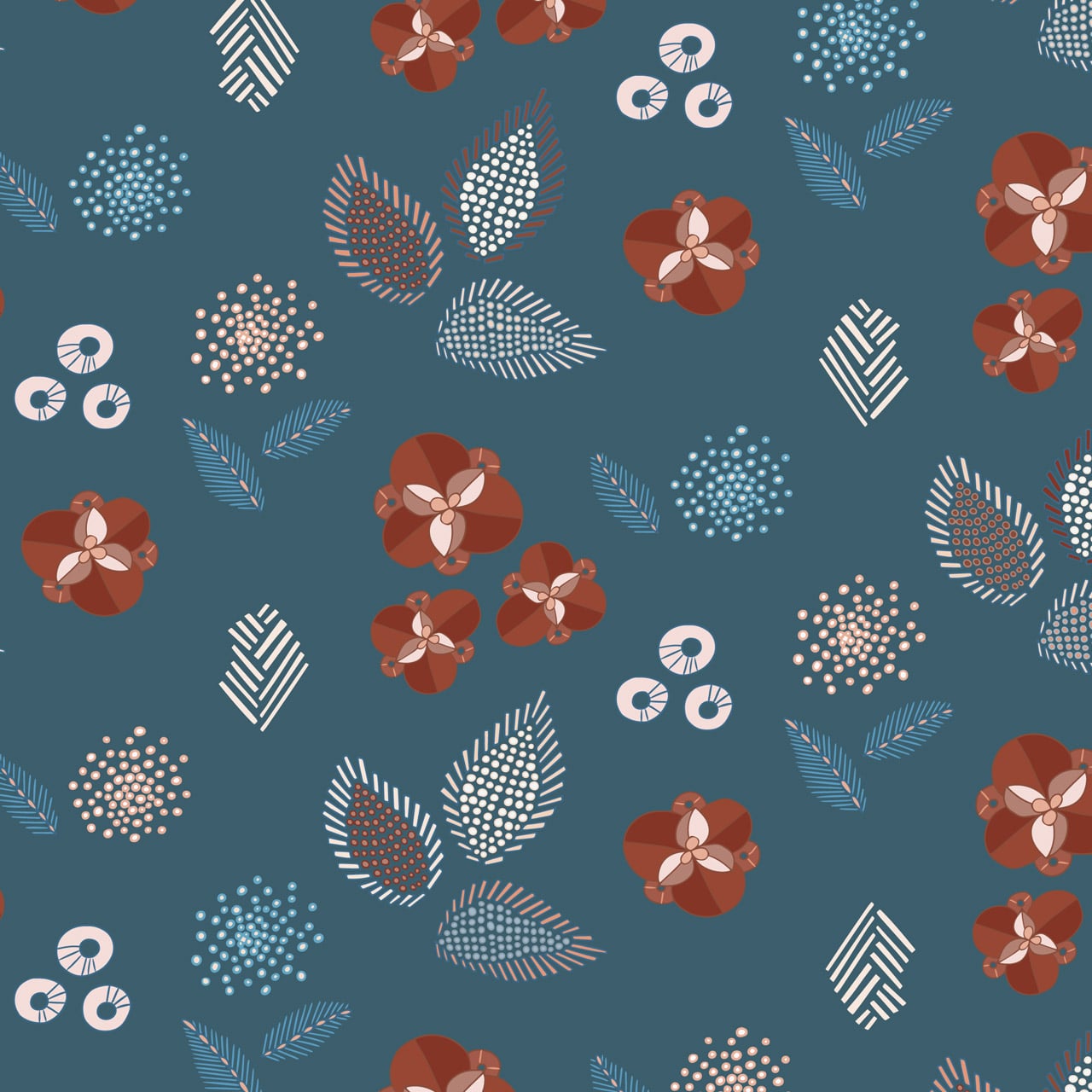 Scandi Flowers and Leaves on teal cotton fabric - Broderi by Dashwood Studio