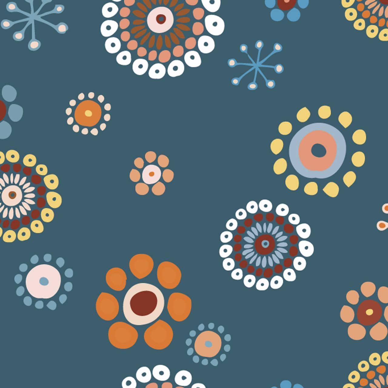 Scandi flowers in rich winter colours on  a dark teal cotton fabric - Broderi by Dashwood Studio