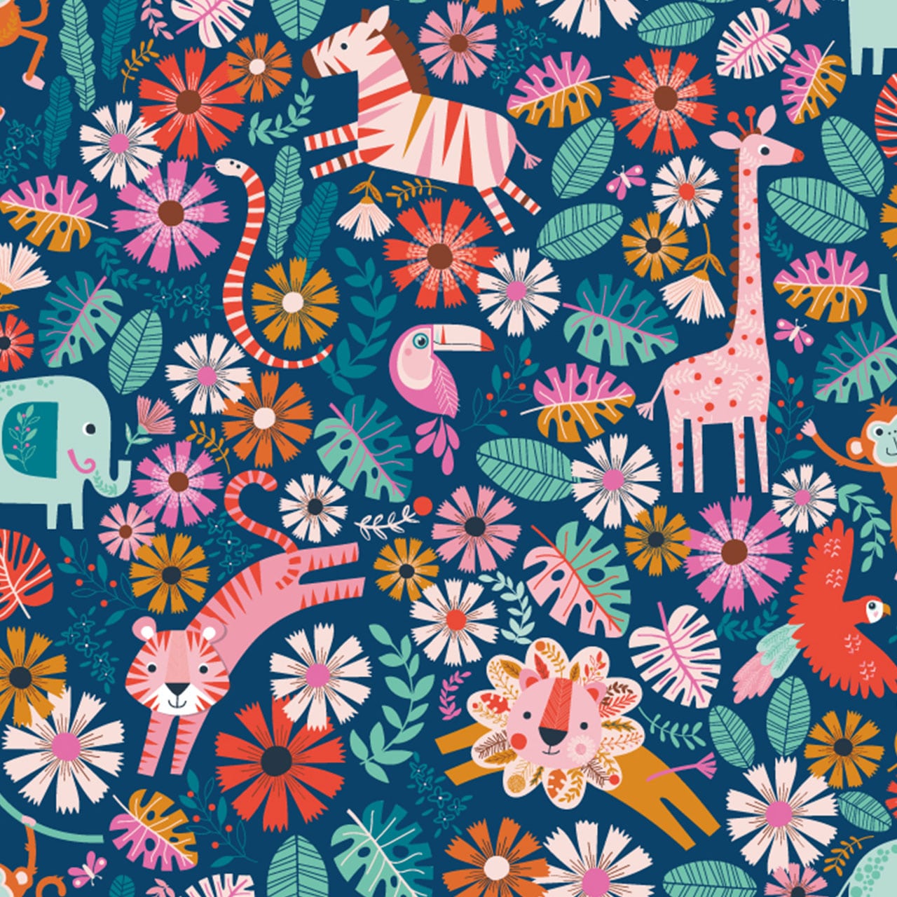 Pink Lion Flowers on navy blue cotton fabric - Dandelion Jungle by Dashwood Studio