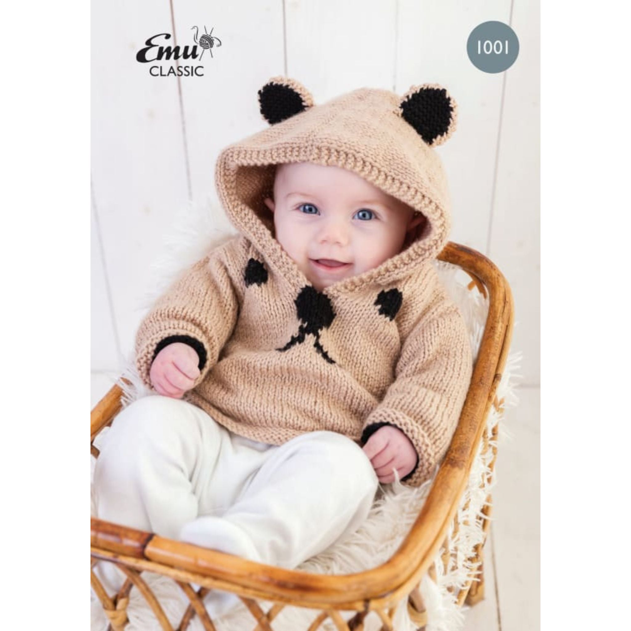 Baby hoodie knitting pattern with bear ears  for Classic Aran- Emu Yarns