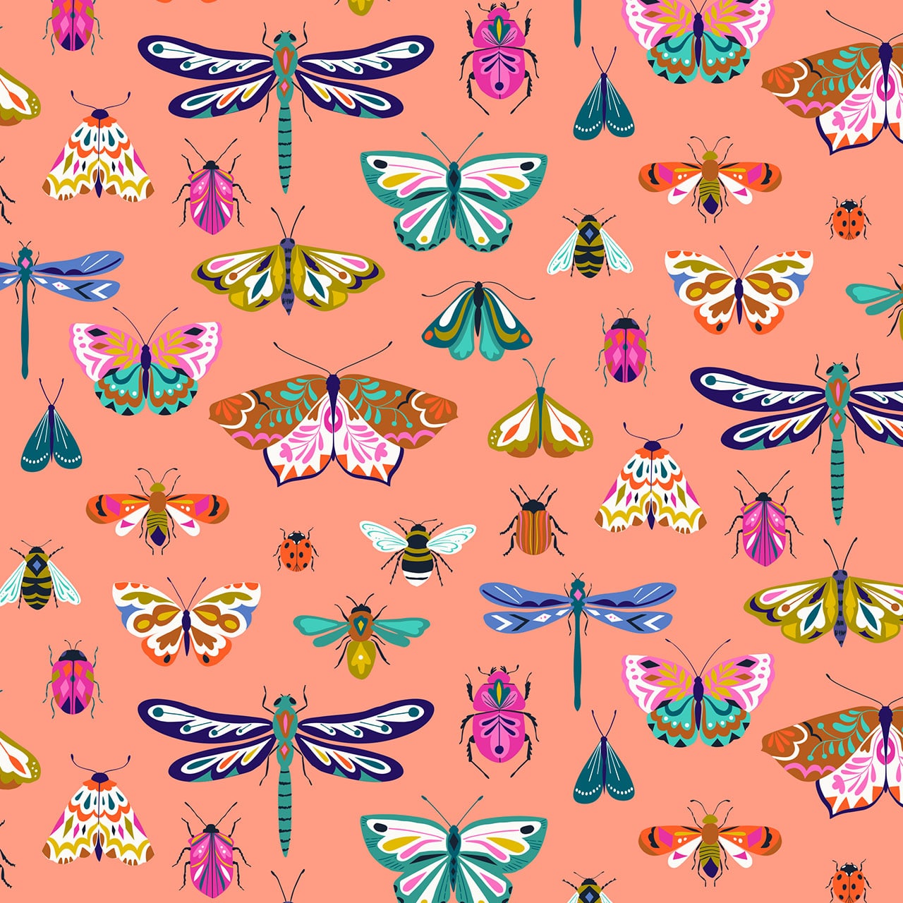 Butterflies, Dragonflies, Bugs on Coral Pink cotton fabric - Flutter By by Dashwood Studio