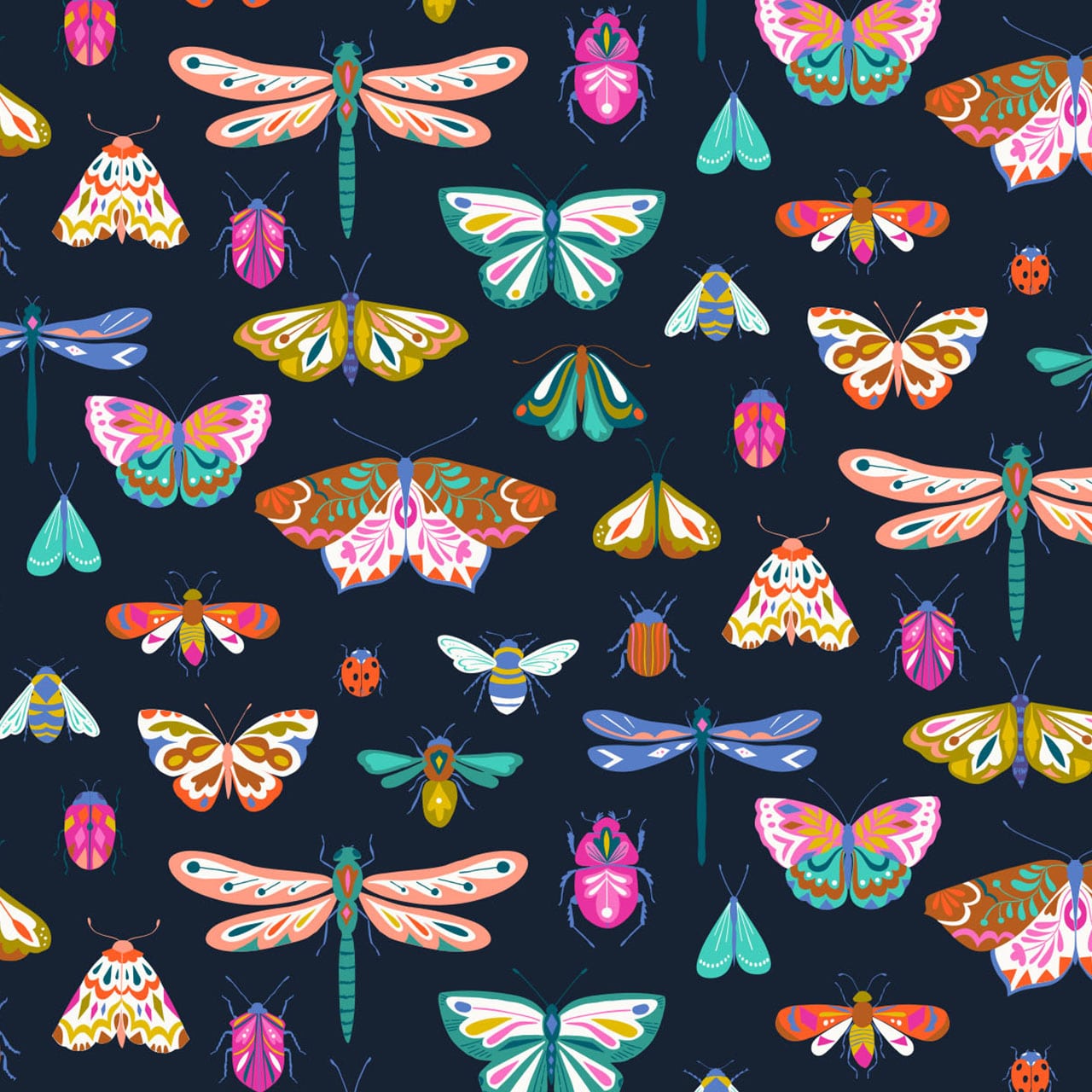 Butterflies, Dragonflies, Bugs on Coral Pink cotton fabric - Flutter By by Dashwood Studio