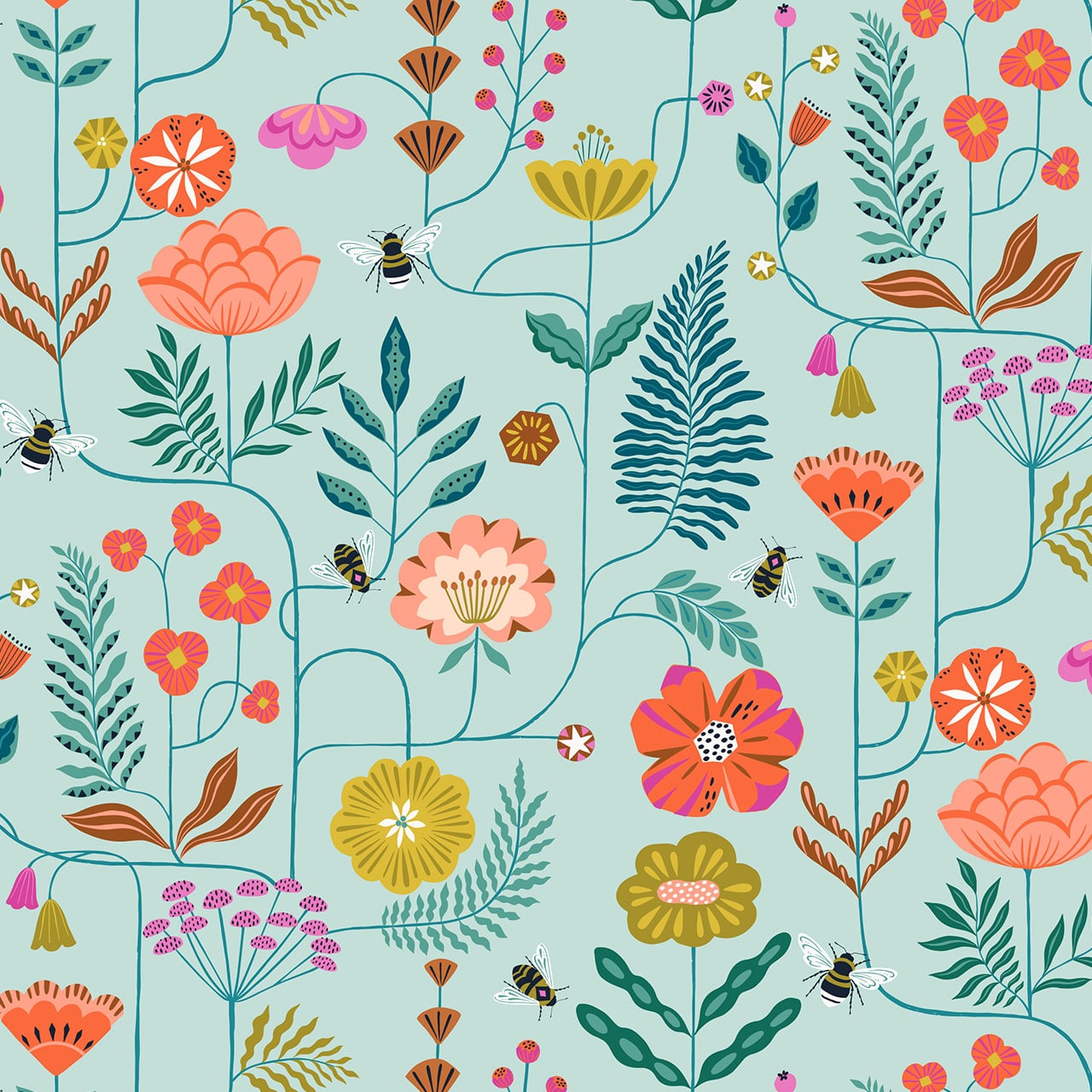 Climbing Flowers and Bees on Mint Green cotton fabric - Flutter By by Dashwood Studio